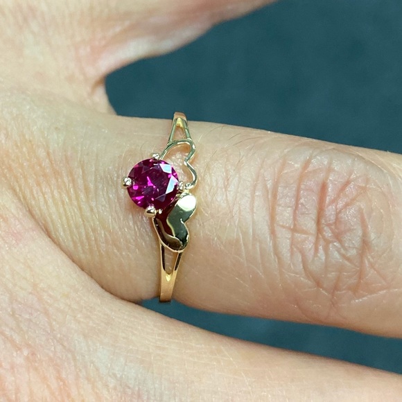 Solid 14K Yellow Gold Red Heart CZ Engagement Ring - Picture 7 of 14